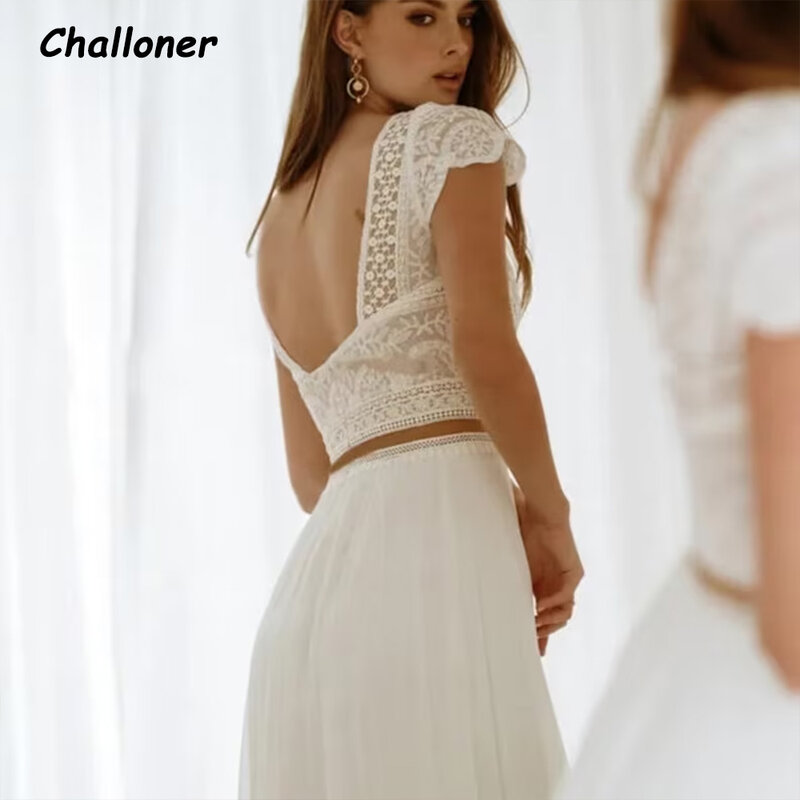Challoner Boho O-Neck Wedding Dress 2-Piece Set Short Sleeves Backless Chiffon Bridal Gown Floor Length Vestidos De Novia New