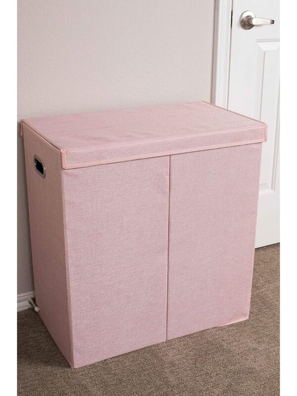 Double Laundry Hamper with Lid | Removable mesh bags | Dual Compartment Clothes Hamper | Pink