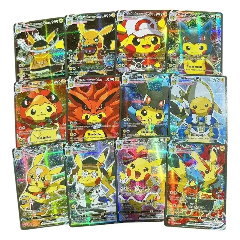 Cartas de Pokémon holográficas de Anime, Pikachu, Cosplay DIY, Luffy, Tanjirou, One Piece, Goku, Eva, personajes de freezer, tarjeta brillante en inglés, 2024