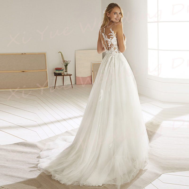 2024 Boho eleganckie damskie suknie ślubne damskie romantyczne aplikacje koronkowe suknie panny młodej guziki Princess Beach Vestidos De Novias