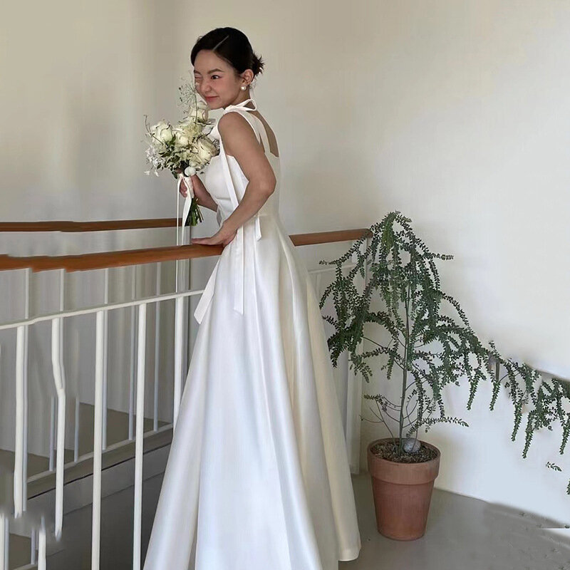 GIYSILE Satin Light Wedding Dress with Slim Bow Decoration, Simple Temperament, Bride Wedding Dress, Birthday Party Long Dress