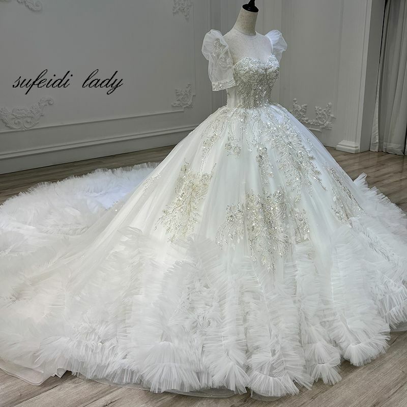 2022 Wedding Dress With Detachable Sleeves Floral Appliques Lace Crystal Saudi Arabic Bridal Gowns
