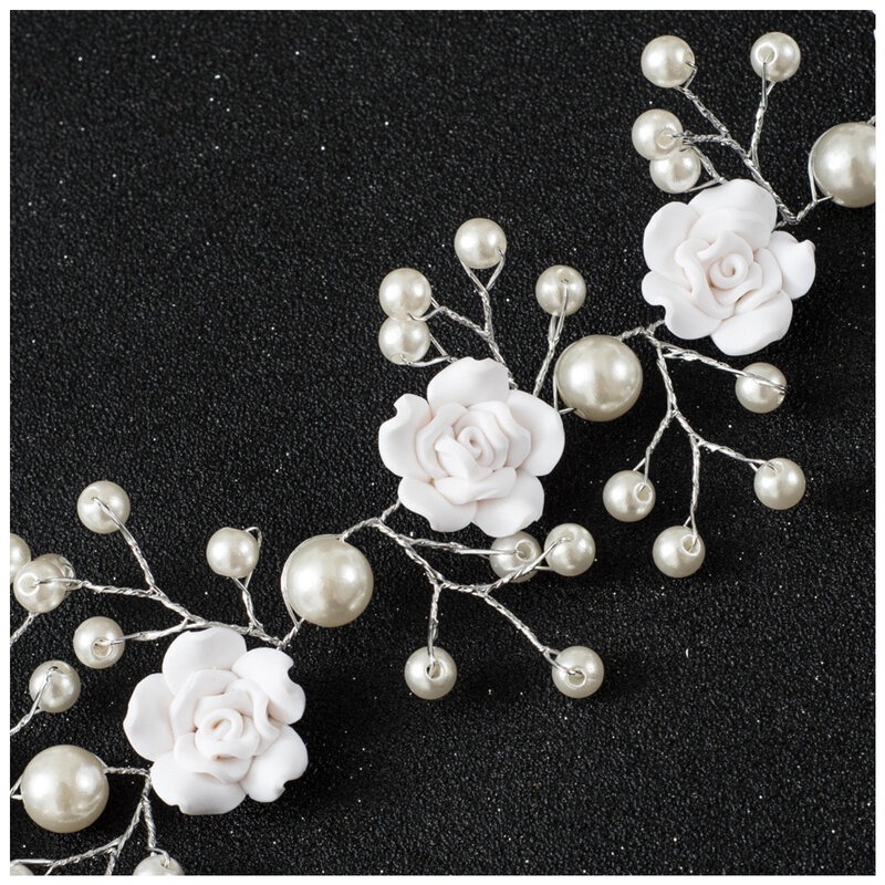Bridal White Flower Headband Soft Ceramic Rose Headdress Pearls Hair Vine for Woman Hair Styling Tools
