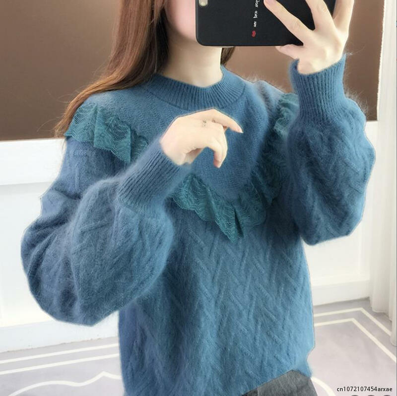 Autumn Winter Women's High-Neck knitting Sweater Pullover Lace Loose Thick Warm Shirt Long Sleeves Top Red Pink Clothes