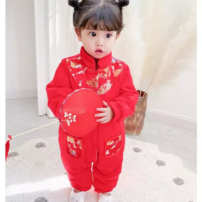 2 Farben chinesische traditionelle reine Baumwolle Kleidung für Baby Kawaii rote Stram pler Stickerei Hanfu Tang Anzug Neujahr Outfit