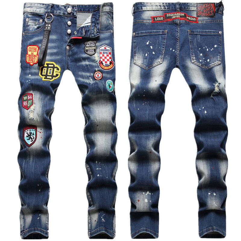 European and American fashion stretch complex wash hand painted monkey dot badge hanging decoration small straight leg jeans