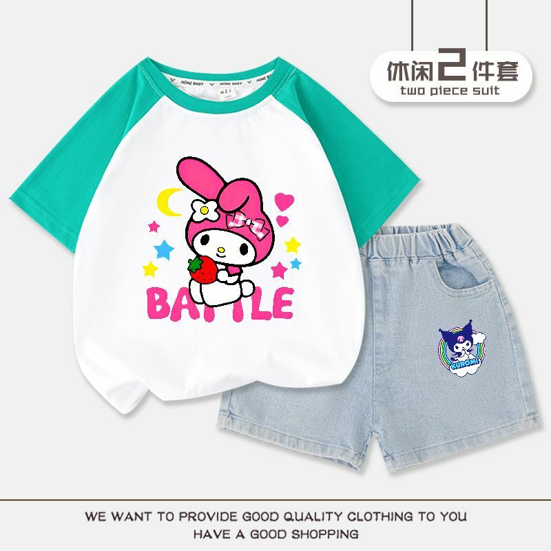 Sanrio Cute My Melody Girls Short Sleeve Kawaii Anime Print Shorts Set Summer Sweeet Cute Babys Tops Two-Piece Set Tide Kid Gift
