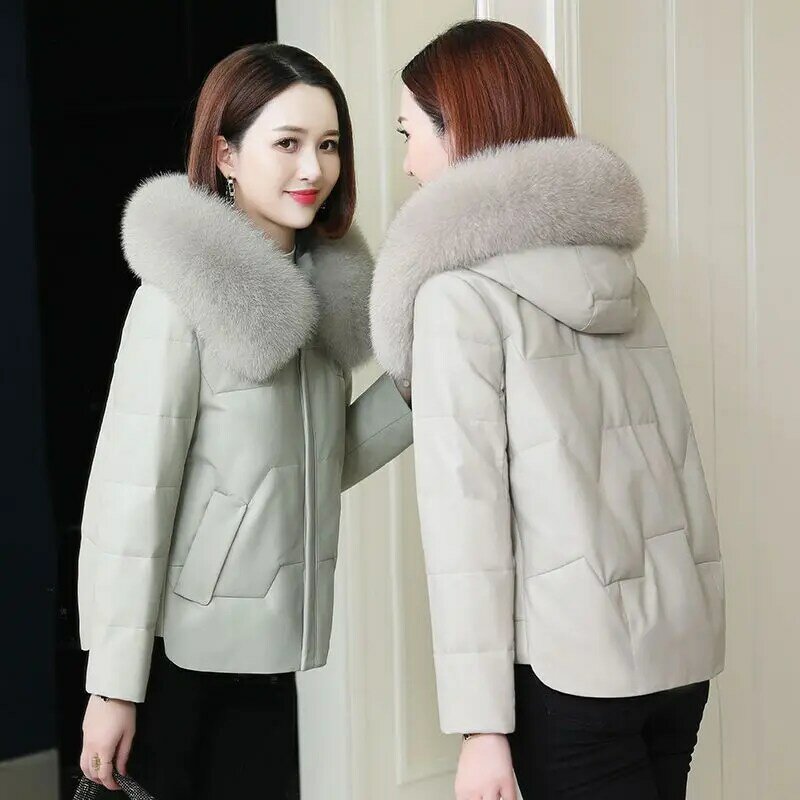 2023 Winter New Women Short PU Leather Jacket Female Fashion Hooded Imitation Fur Collar Parkas Thicken Warm Down Cotton Outwear