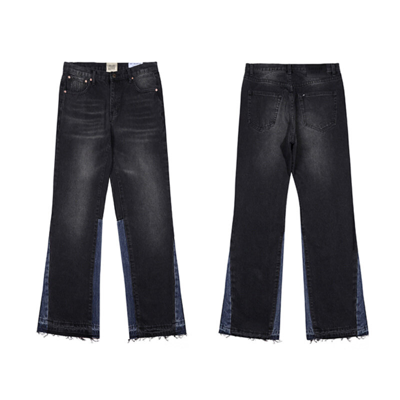 Firmranch American Fashion Streetwear Blue Black Patchworks Flared Jeans Unisex For Men Women Denim Pants Free Shipping
