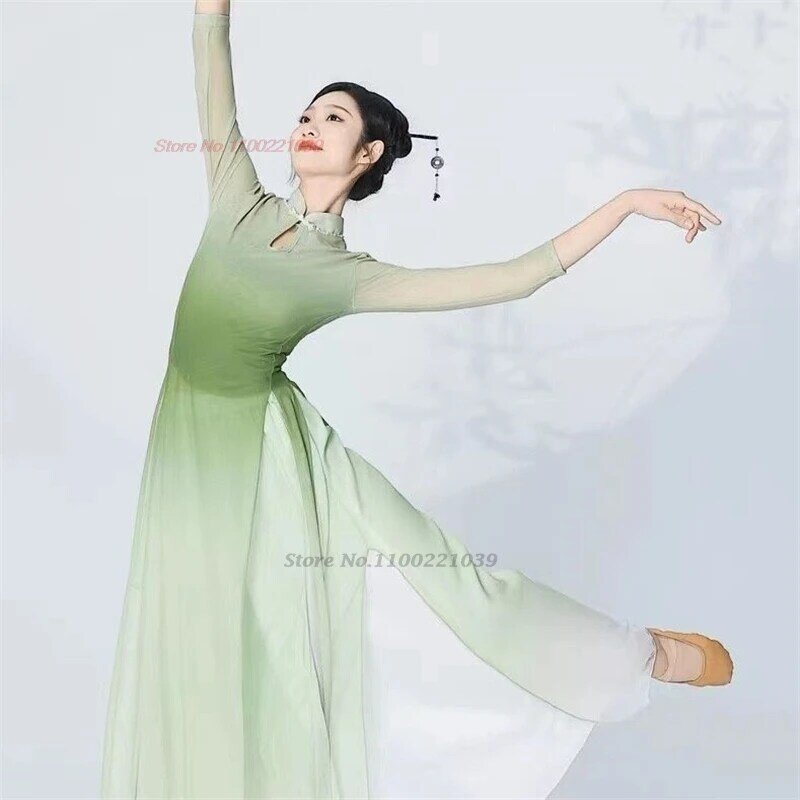 Terno chinês de dança folclórica vintage, cor gradiente, tops e calças Qipao, vestido de palco para festival, performance oriental, 2024