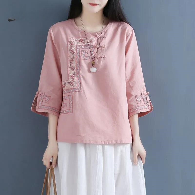 Miiiix-Camisa de linho de botão vintage feminina, blusa chinesa com gola redonda, camisas bordadas, roupas femininas, primavera, verão, novo, 2022