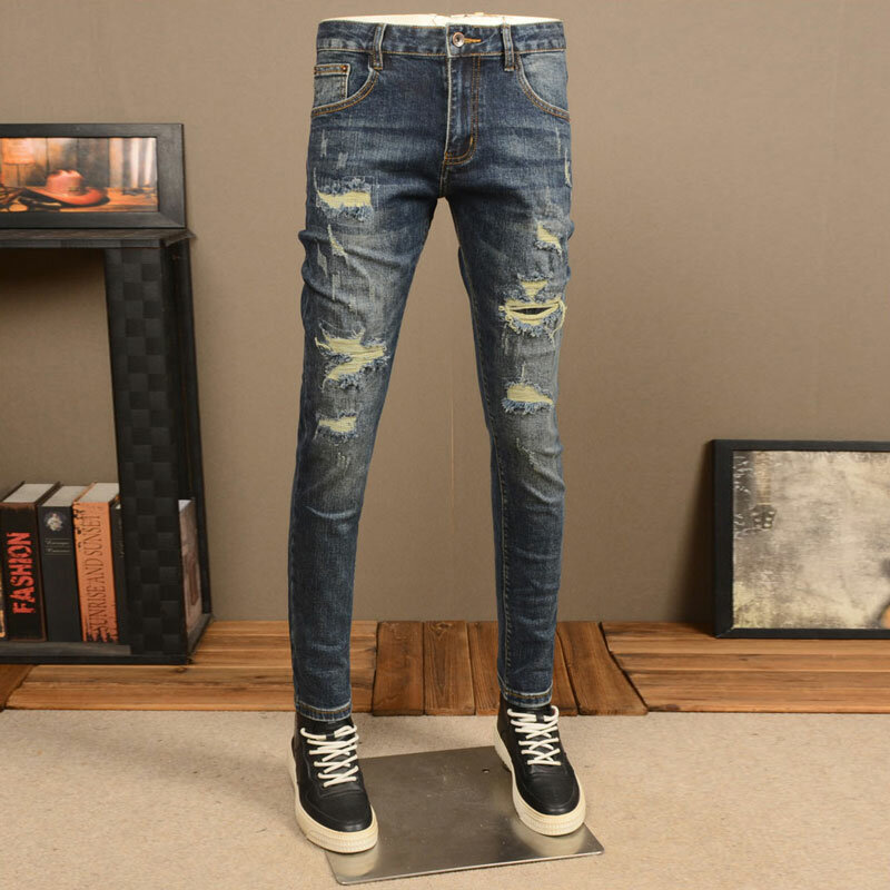 Koreanische Art Mode Männer Jeans Retro blau Stretch Slim Fit zerrissene Jeans Männer Streetwear Vintage Designer lässige Jeans hose