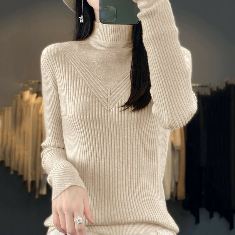 Autumn Classic Fashion Minimalist Basic Chic Sweater Women Trendy Solid Color High Neck Long Sleeve Stripe Slim Casual Pullover