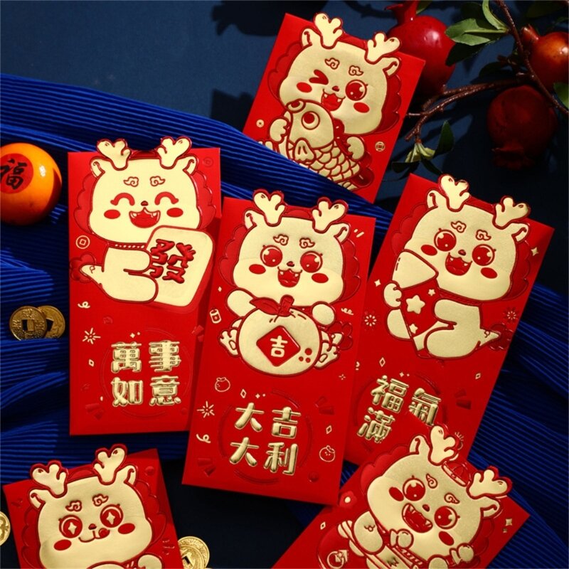 Pacote vermelho chinês 2024 anos 6 peças, designs exclusivos para presentear festa aniversário casamento, saco papel
