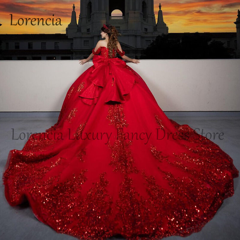2024 czerwona błyszcząca sukienka na Quinceanera suknia balowa z odkrytymi ramionami aplikacja kwiatowa 3D z czapką słodka 16 formalnych Vestidos 15 De XV Años