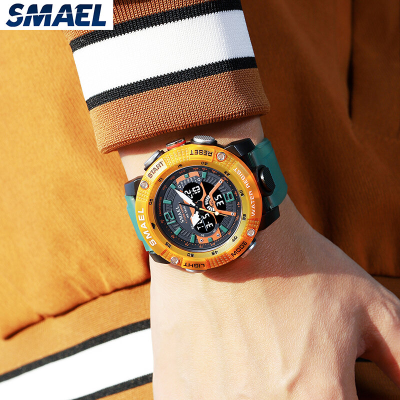 SMAEL-relógios masculinos impermeáveis para esportes, relógio masculino, display digital led, quartzo, cronômetro analógico, verde, relógio laranja, moda, 8058