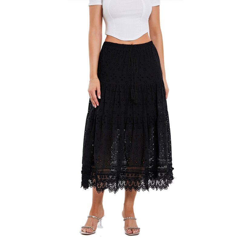 Bohemian Jacquard Eyelet Long Skirts Vintage Hollow-Out Elastic Waist Maxi Skirts Beach Holiday Fairy Cottage Y2K A-line Skirts