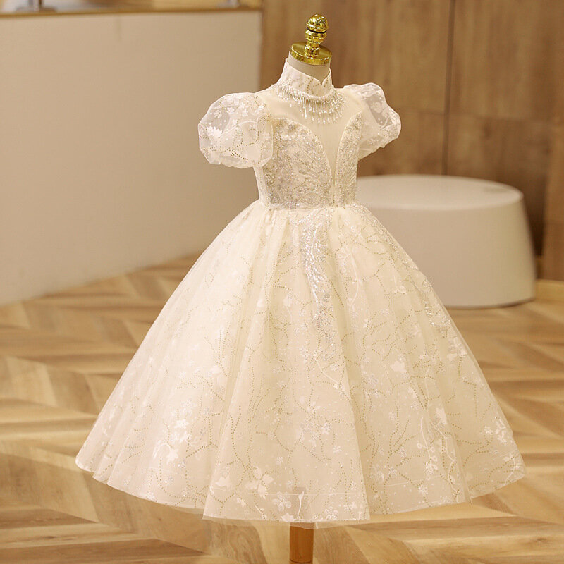 Bebê meninas princesa lantejoulas brancas beading vestido de baile vestido de festa brithday vestidos de casamento crianças roupas