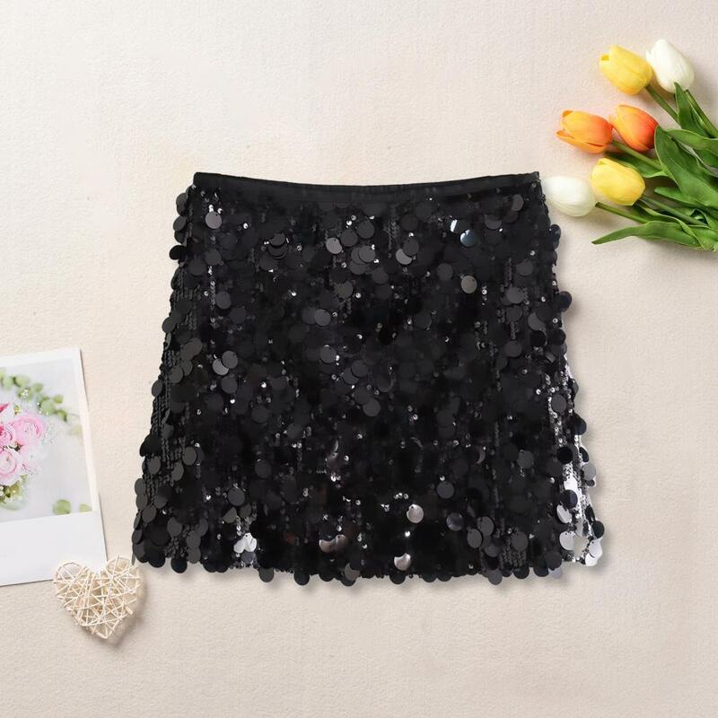 Women High-waisted Skirt Sequin High Waist Club Skirt Slim Fit A-line Stretchy Mini Skirt for Women Shiny Solid Color Sheath