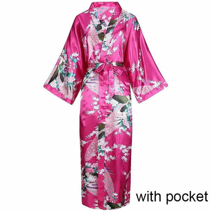 ผู้หญิงเซ็กซี่ยาว Robe กับกระเป๋าแต่งงานเจ้าสาวเพื่อนเจ้าสาว Dressing Gown เรยอน Kimono เสื้อคลุมอาบน้ำขนาดใหญ่ S-XXXL Night ชุด