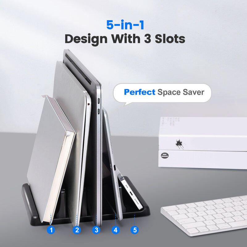 Ajustável Vertical Plastic Laptop Stand, Suporte Desktop, Notebook Dock, Space Saving, 3 em 1