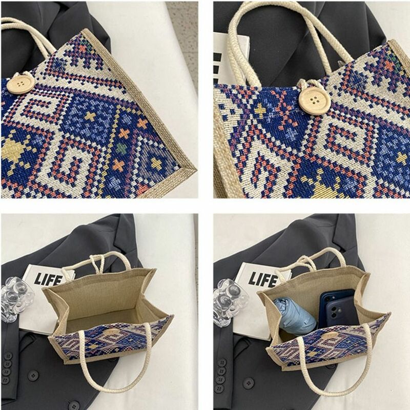 Borsa in tela stile etnico ricamo stampa borsa da pranzo in tessuto stampa portatile borsa Tote borsa in lino di grande capacità femminile/ragazze