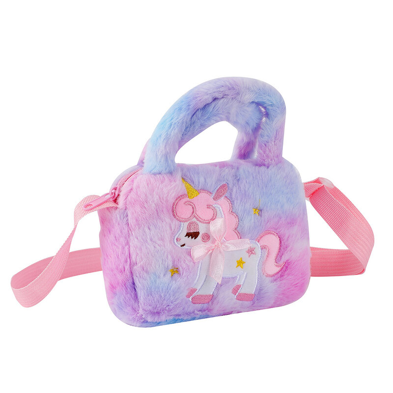 เด็กเย็บปักถักร้อย Unicorn Plush Crossbody กระเป๋าถือและกระเป๋าเงินสาวน้อย Rainbow Fluffy กระเป๋าการ์ตูนน่ารัก Furry กระเป๋าสะพายไหล่