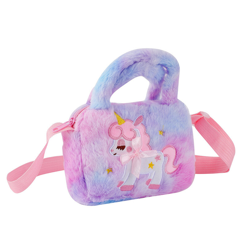 Dompet dan Tas Selempang Mewah Unicorn Sulaman Anak Kecil Perempuan Dompet Berbulu Pelangi Tas Bahu Berbulu Kartun Lucu