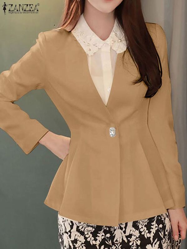 Büro Dame Anzüge 2023 Herbst Zanzea Frauen Blazer lässig V-Ausschnitt einfarbig elegante Mäntel Vintage Langarm Plissee Oberbekleidung