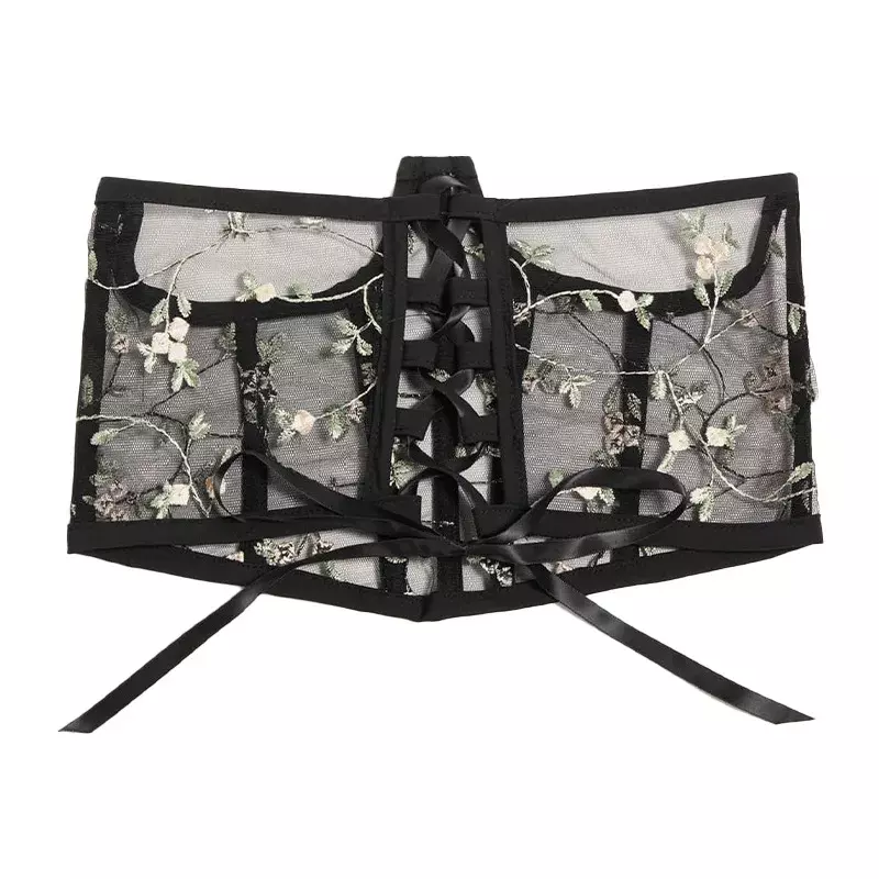 Espartilho preto bordado floral feminino, espartilho de cintura alta, Harajuku, vintage, malha, ver através, shaper, cummerbunds, moda