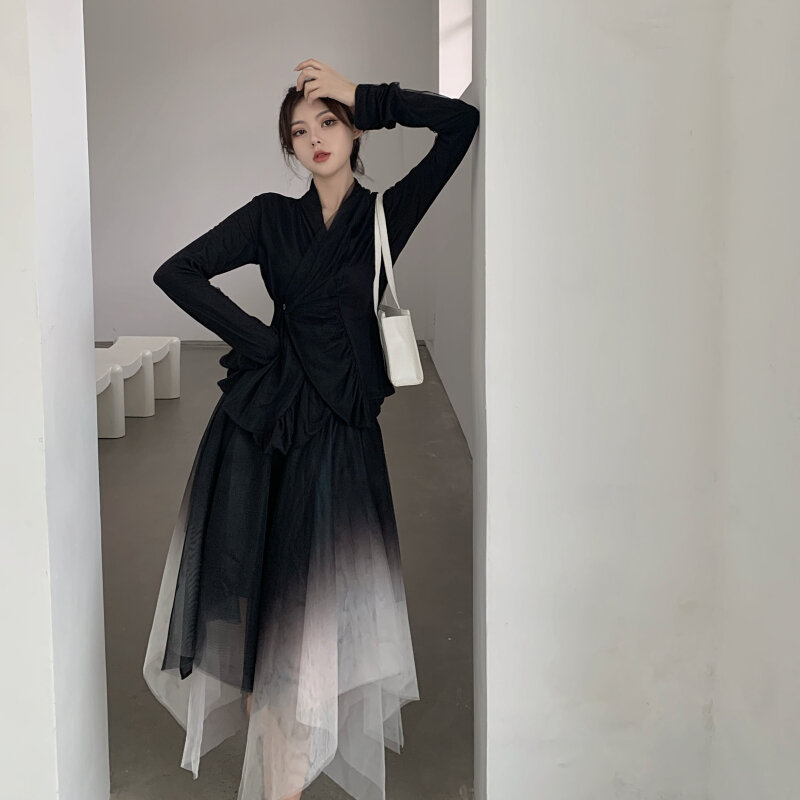 Dark Style Mesh Versatile Cardigan Irregular Puffy Black and White Skirt