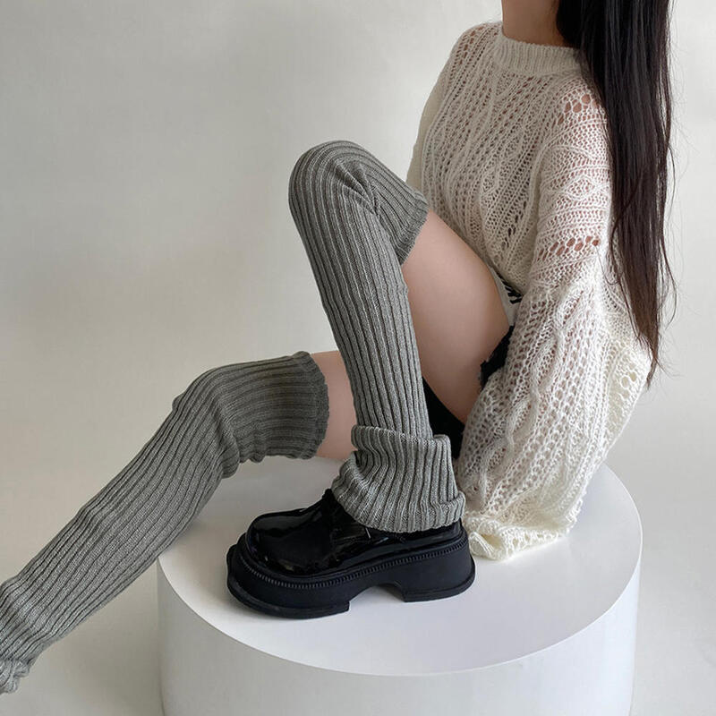 Aquecedores de pernas tricotadas para mulheres, meias altas para o joelho, estilo japonês JK, meias altas para coxas, outono e inverno, Y2k