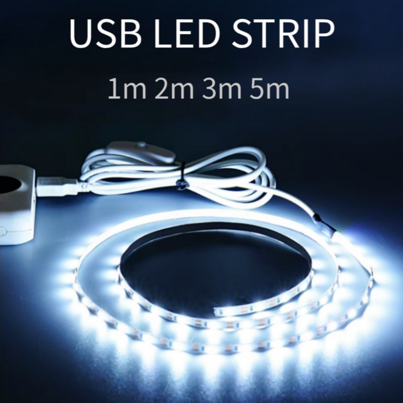 USB LED 스트립 조명, 스위치 장식, 집 방 백라이트용 방수 테이프, 1m, 2m, 3m, 5m 리본, 5V