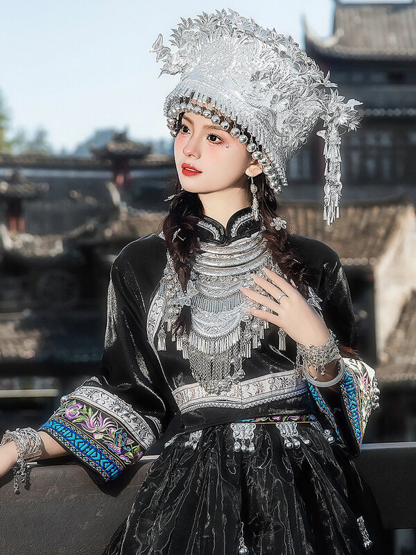 Miao gaun kostum wanita Tujia Yao, pakaian pertunjukan panggung gaya etnik