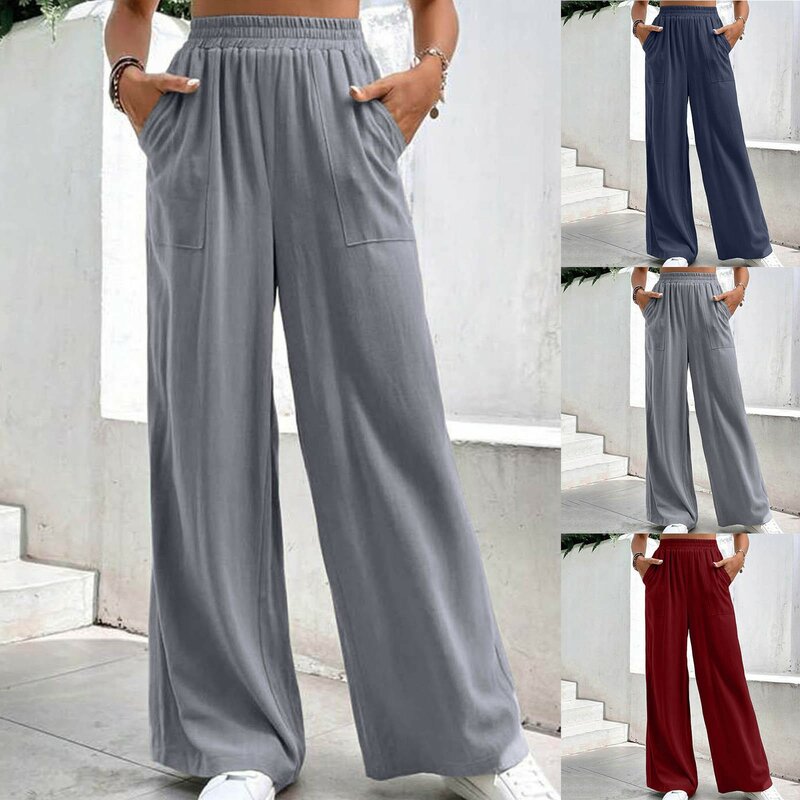 Pantalones informales de pierna ancha para mujer, calzas largas y rectas con cintura elástica, holgadas, para primavera y verano, 2024