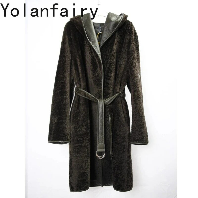 Jaket bulu domba alami untuk wanita, mantel bulu asli bertudung Musim Dingin 2024, mantel bulu panjang menengah mewah dan jaket Abrigo Mujer