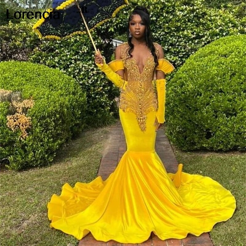 Lorencia-Yellow Velvet Gold Rainstones vestido de baile para meninas negras, Lace Applique Beading, vestido de festa formal, YPD84