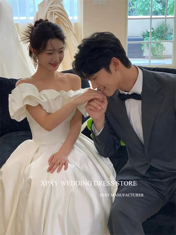 XPAY-Fora Do Ombro Coreano Vestidos De Casamento De Cetim, Elegante Photoshoot Mangas, Curto Até O Chão, Vestidos De Noiva, Espartilho Voltar Princesa