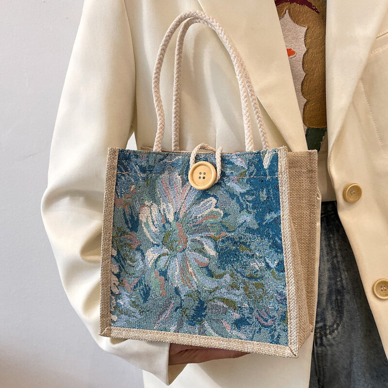 Japanese Style Handbag For Xmas Casual Linen Canvas Gift Bag Fashion Flower Print Shopping Bag Women Girl Handbag Portable 2024