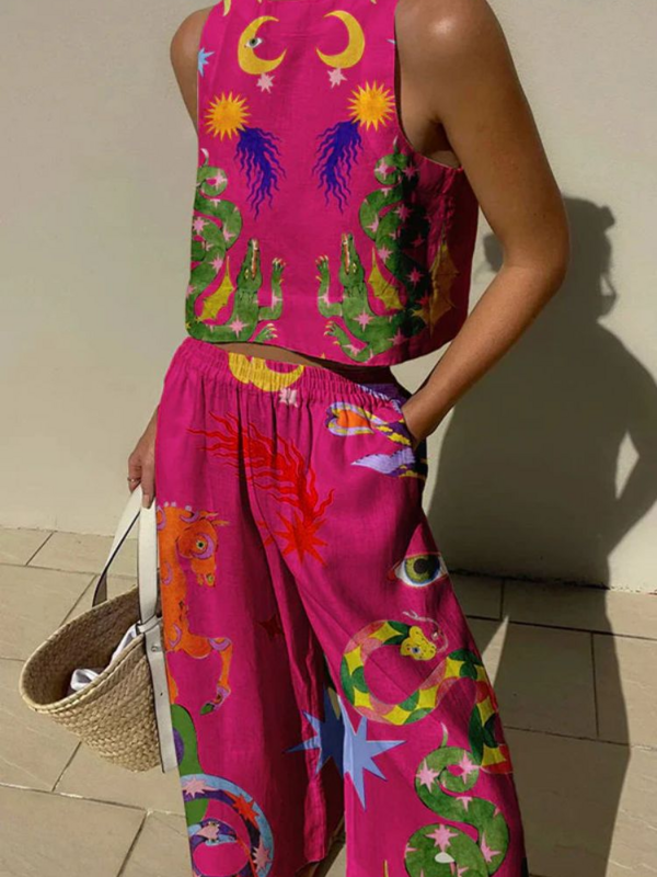 Women Print Suit Sleeveless Crop Top Loose Long Pants 2 Pieces Set Lady Spring Summer Hawaii Beach Casual Outfits