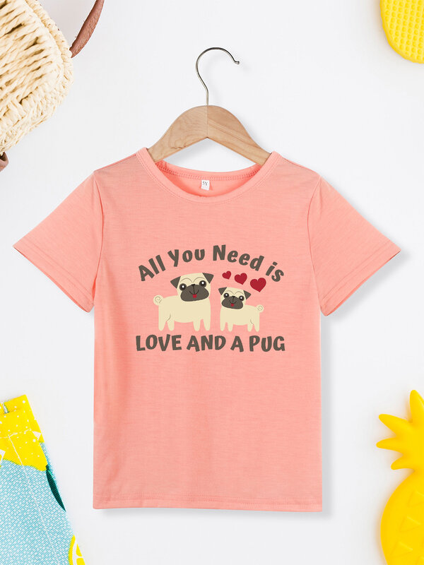 Cute Pugs Pattern Aesthetic Clothes for Girl Pink Kawaii Harajuku T-shirt High Quality Comfy Breathable Toddler Tee Shirt