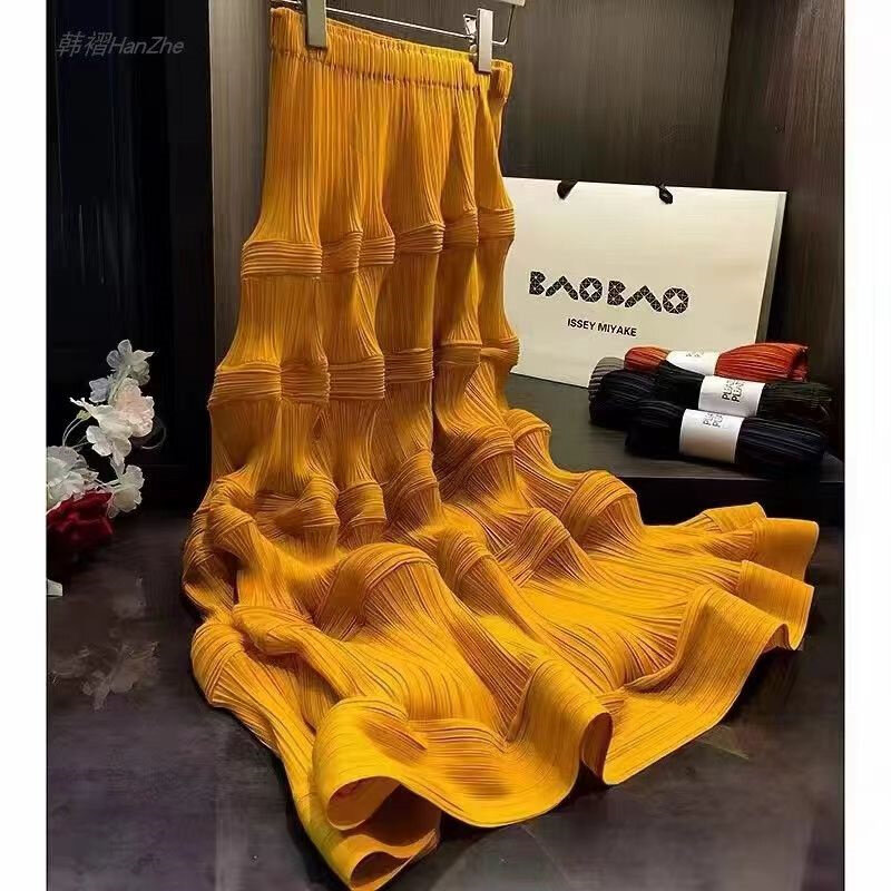 Miyake Pleated A-line Mid-calf Cake Skirt Solid Color Loose Waist For Women Summer Female Fashion High end pleated Skirt