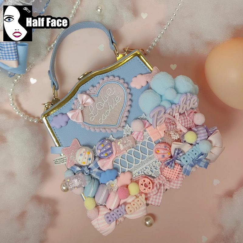 Bolso cruzado de un hombro para mujer, bolsa de mano con diseño de cadena de perlas Lolita, color azul caramelo, Harajuku, gótico, Steam Punk, Y2K