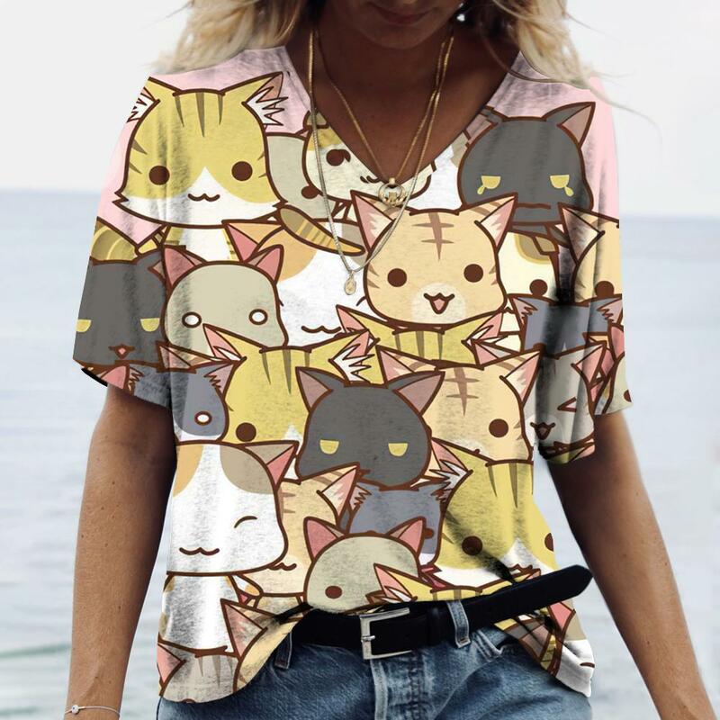 T-shirt imprimé chat dessin animé pour femme, manches courtes, col en V, mode Kawaii, t-shirts décontractés, chaton, vêtements de concepité drôles, été
