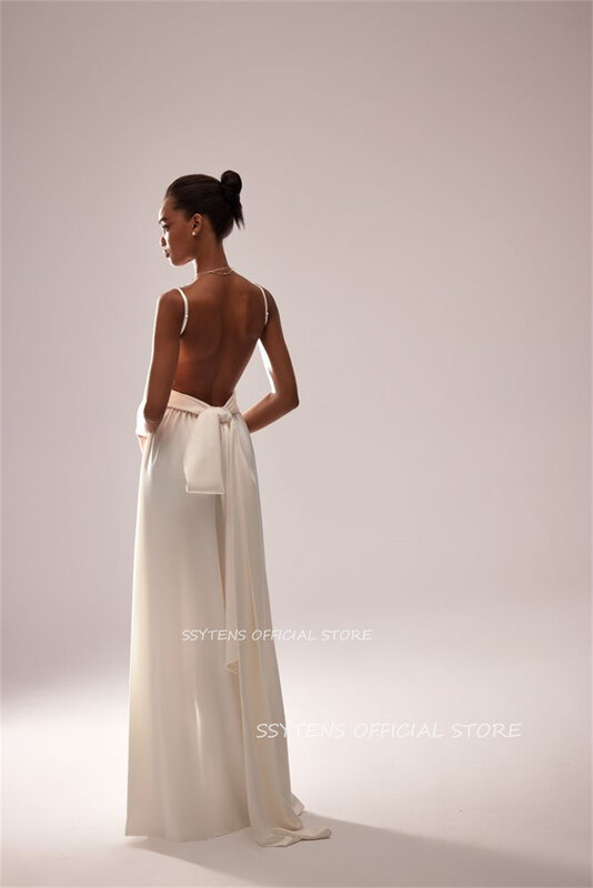 Simple Ivory Wedding Dresses Spaghetti Straps Beach Bridal Evening Party Dress Satin Side Split Bride Gowns Sexy Open Back Tied