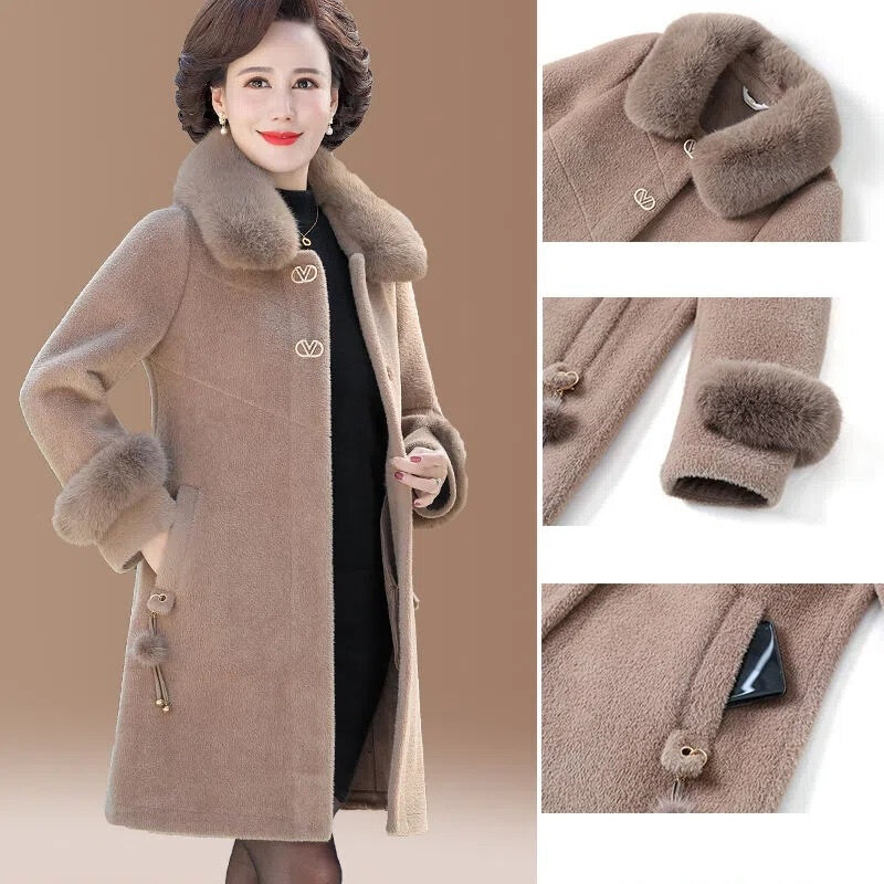 Casaco de pele dupla face feminino, sobretudo quente, jaqueta de inverno, casaco de lã da avó high-end, mulheres de meia idade, novo outwear, 5XL