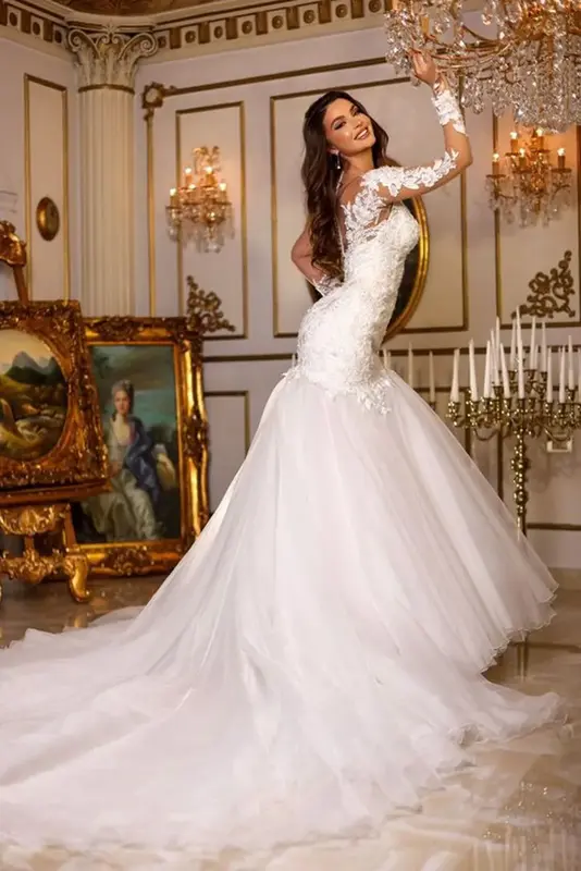 Vestido de noiva vintage sereia, decote em v, ilusão, manga longa, sexy, botão coberto, branco, vestido nupcial, luxo