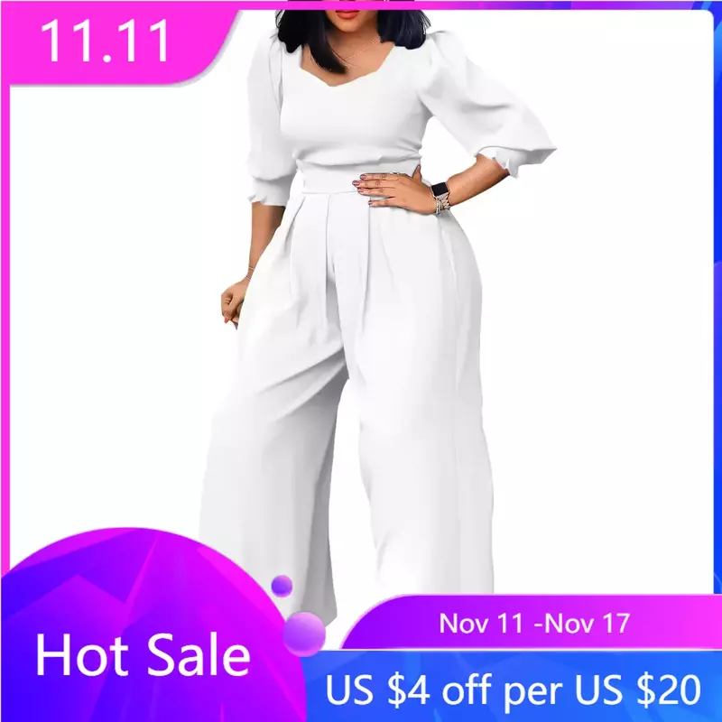 Blue White Red Black African Clothes for Women Outfits Loose Jumpsuit Fashion Streetwear 3/4 Sleeve Polyester Wide Leg Jumpsuit