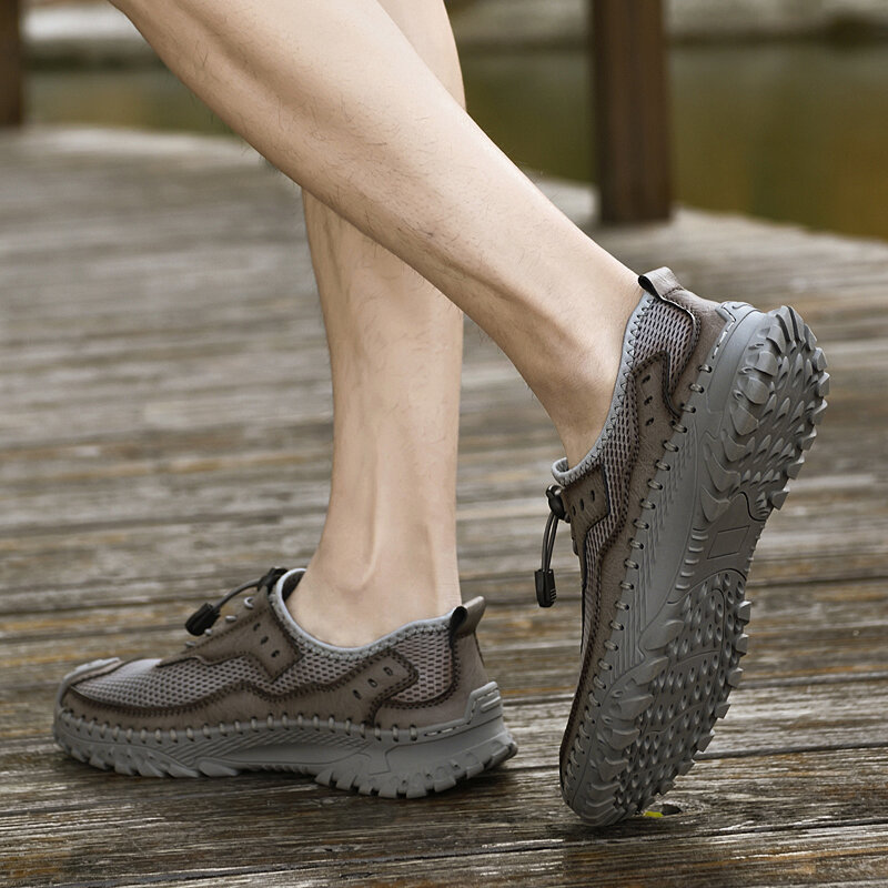 Кроссовки мужские прогулочные, дышащие сетчатые, на резинке, натуральная кожа, повседневная обувь для походов, 2023