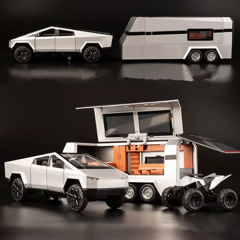 1/32 Tesla Cybertruck Pickup Alloy Car Model Diecasts Off-road Vehicles Truck Car Model Sound Light Kids Toys Gift With Suitcase